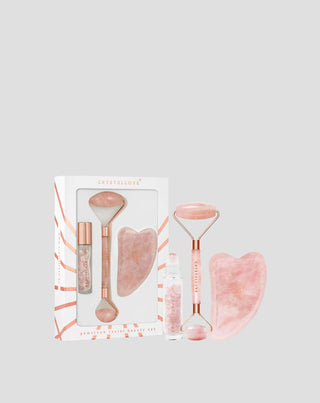 Roller do twarzy + płytka gua sha + buteleczka roll-on Rose quartz beauty set Crystallove - 1