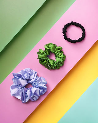 Zestaw jedwabnych gumek do włosów z 100% naturalnego jedwabiu - fioletowa, zielona, czarna Twisty 3 szt.