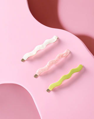 Zestaw falowanych wsuwek do włosów perłowa, zielona, różowa Twisty 3 szt.