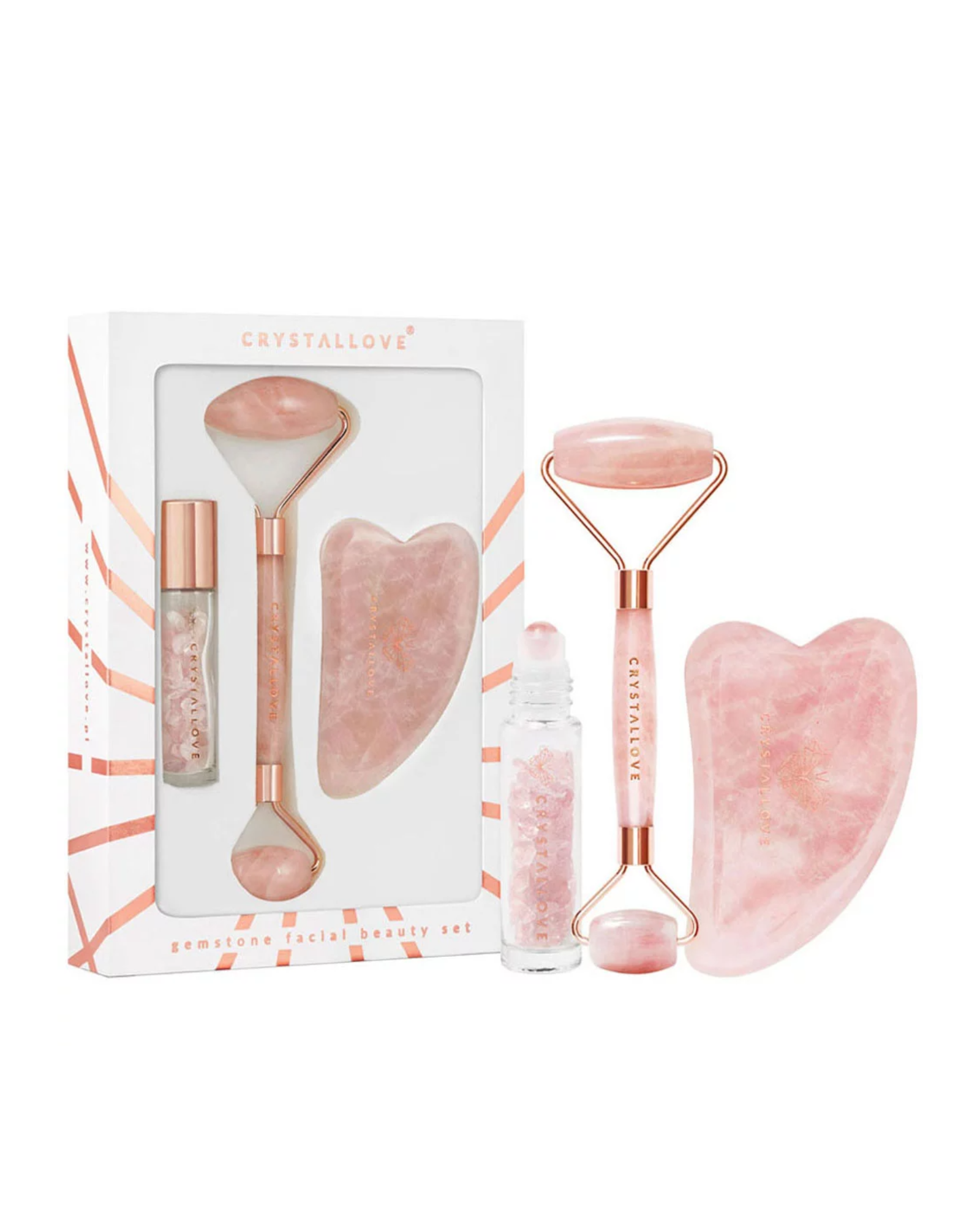 Roller do twarzy + płytka gua sha + buteleczka roll-on Rose quartz beauty set Crystallove - 1