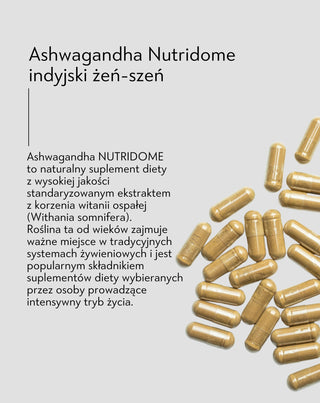 Ashwagandha indyjski żeń-szeń tabletki z ekstraktem z korzenia witanii ospałej Nutridome 60 kapsułek