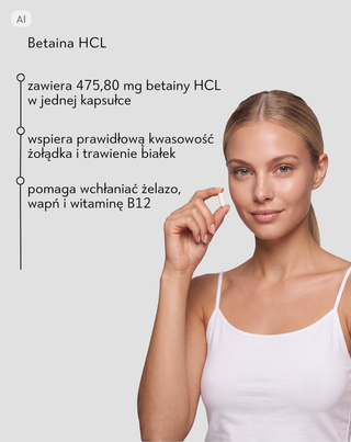 Betaina HCL 475 mg na wsparcie trawienia, wzdęcia, uczucie ciężkości i niską kwasowość żołądka Nutridome 60 kapsułek