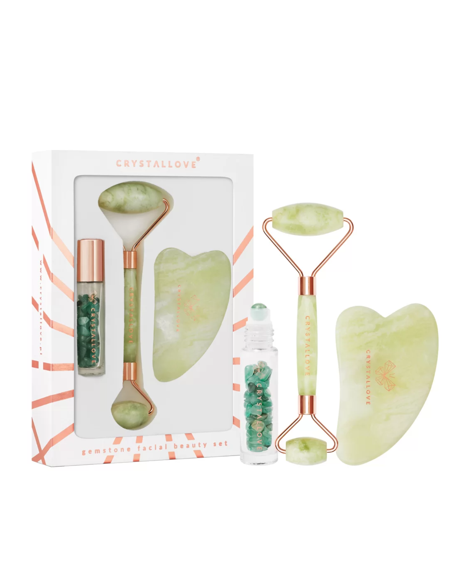 Roller do twarzy + płytka gua sha + buteleczka roll-on Jade beauty set Crystallove - 1