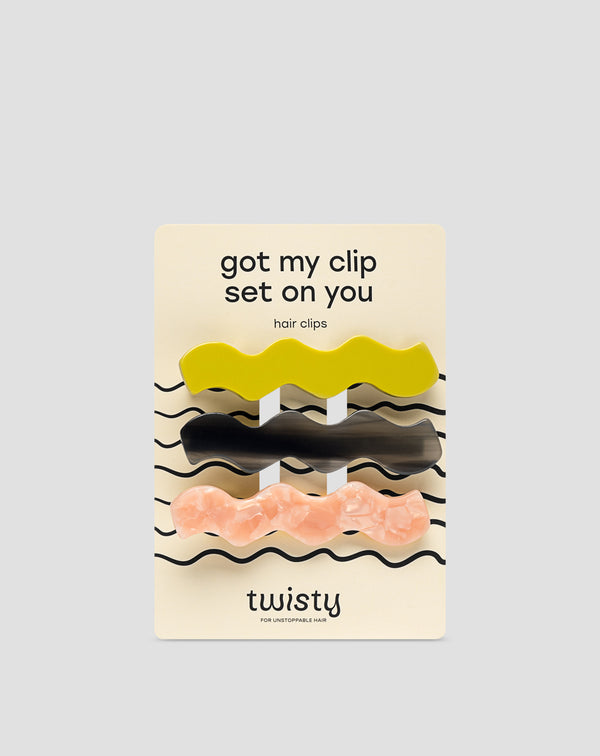 Zestaw falowanych spinek do włosów - zielona, czarna, różowa Twisty 3 szt.
